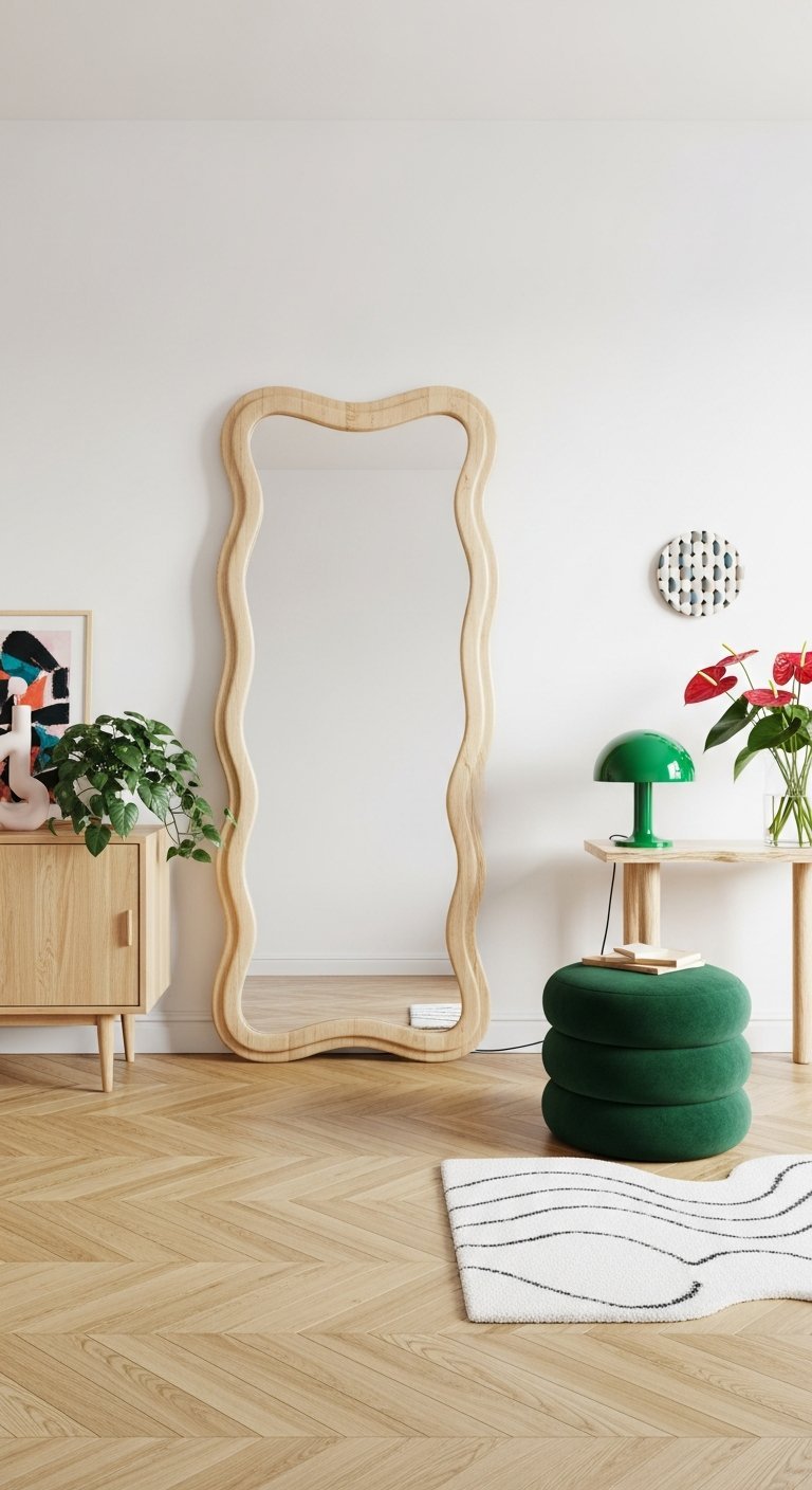 Grand miroir au sol avec cadre en bois ondulé style rétro