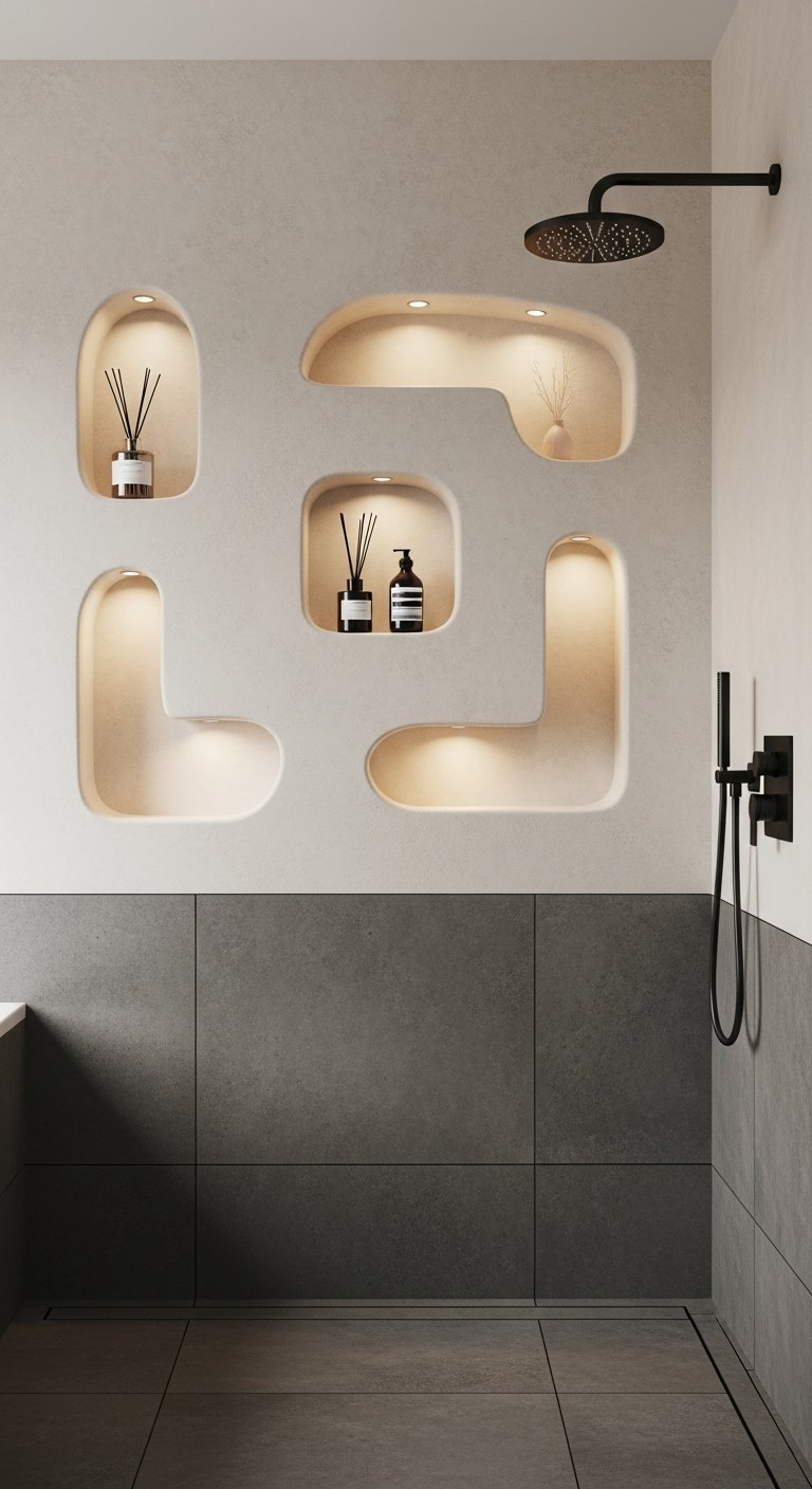 Niches de douche design a formes organiques arrondies avec spots integres