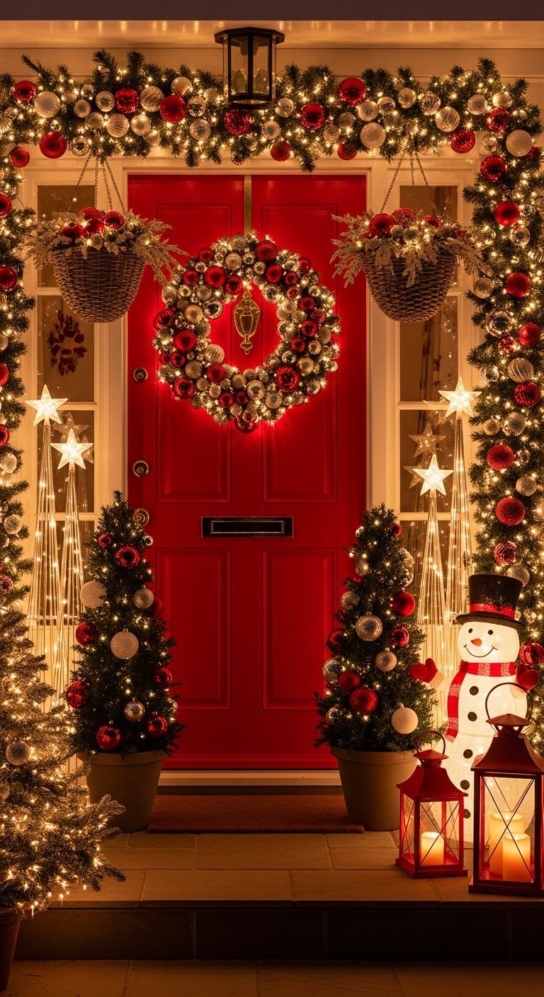 Porte rouge avec décorations de Noël maximalistes rouges et argentées