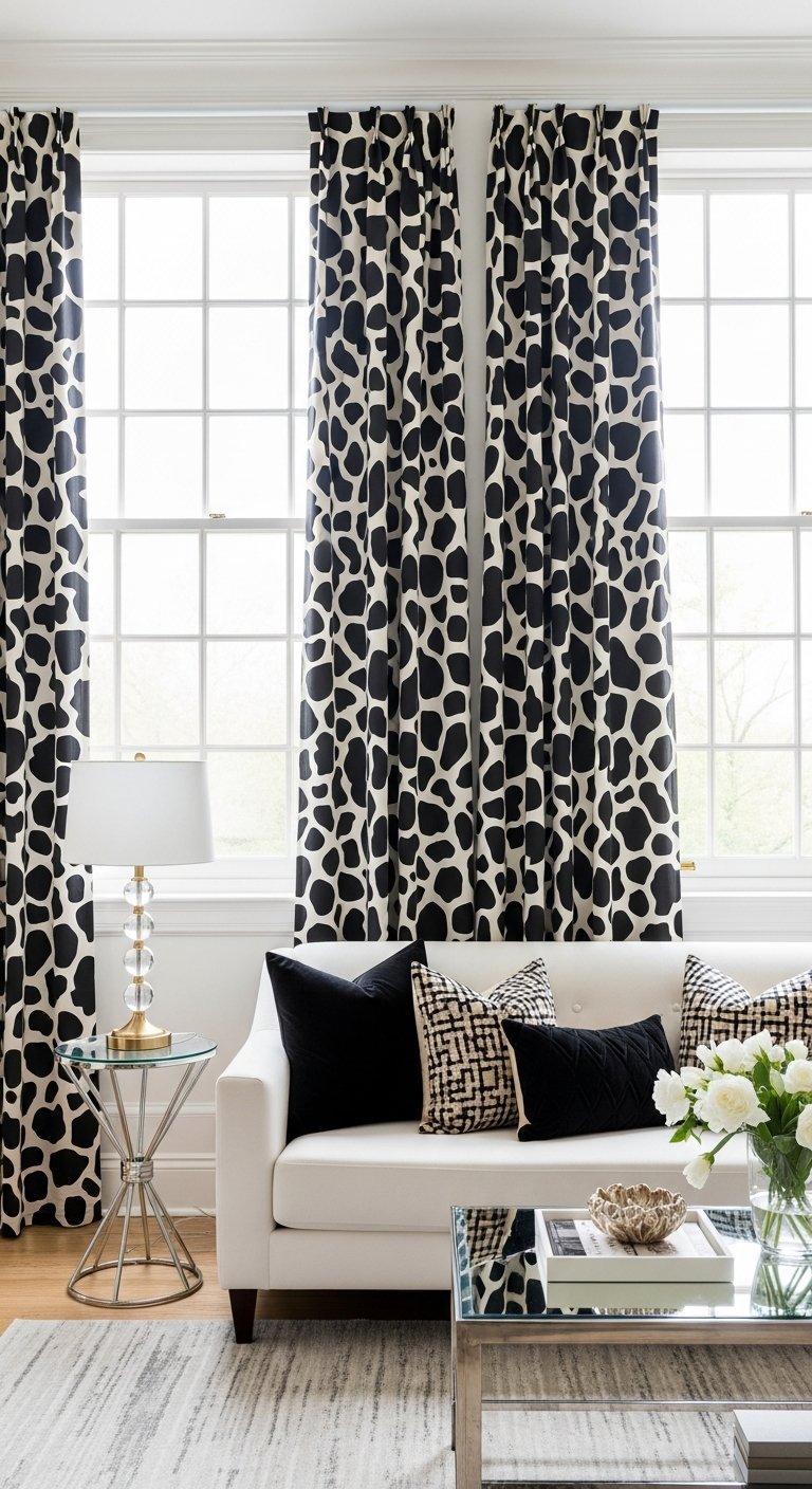 Rideaux de salon a motif abstrait noir et blanc