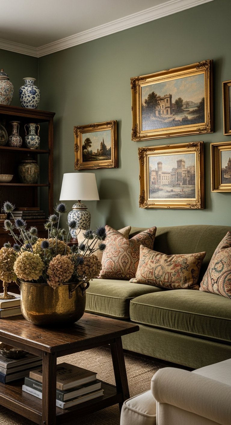 Salon classique avec murs et canape vert olive et cadres de tableaux anciens dores