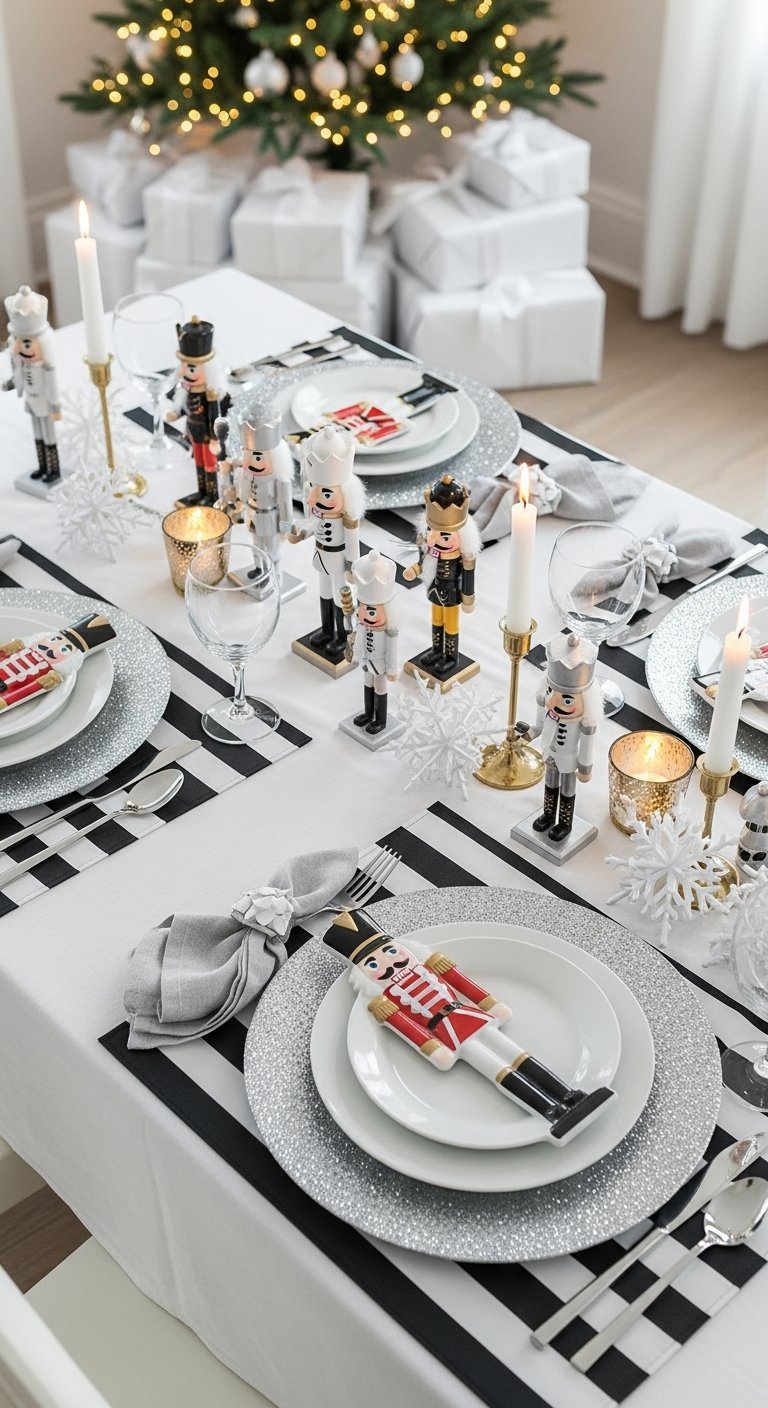 Table de Noel blanche et noire avec casse noisettes et rayures