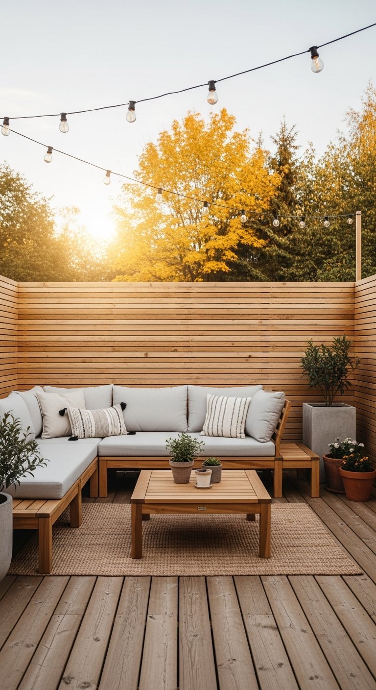 Terrasse en bois avec canapé d angle gris et clôture en lattes de bois