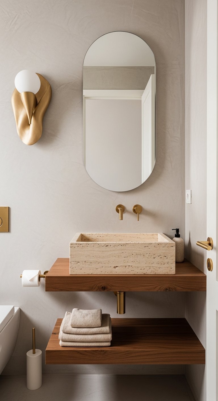 Vasque en travertin sur etagere en bois et mur en beton cire