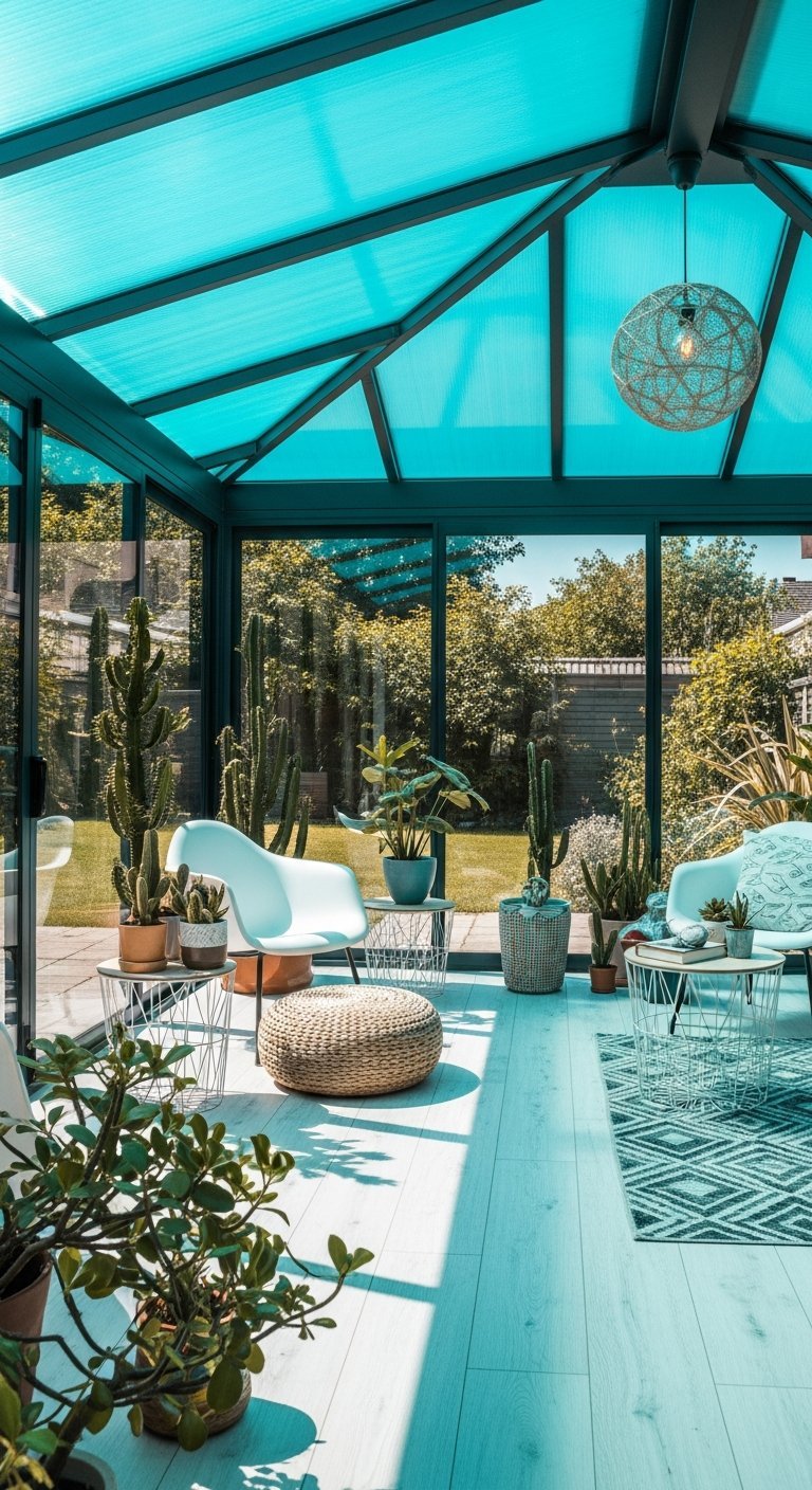 Véranda avec toit teinté bleu et collection de cactus