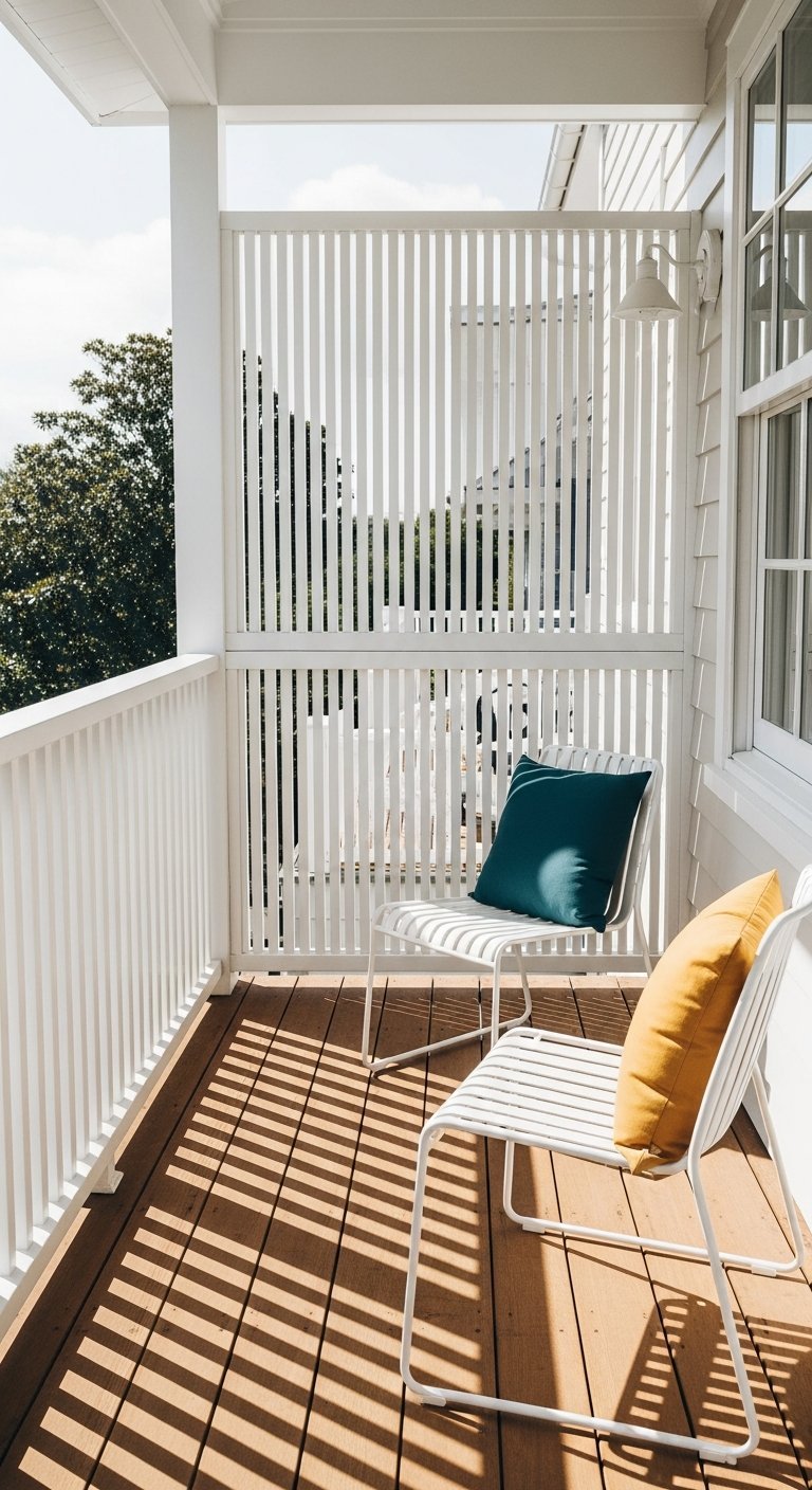 Brise vue terrasse a lattes blanches sur un balcon avec deux chaises blanches