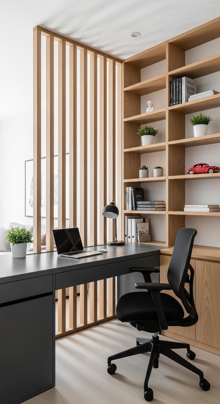 Bureau de travail à la maison gris avec claustra bois et bibliothèque