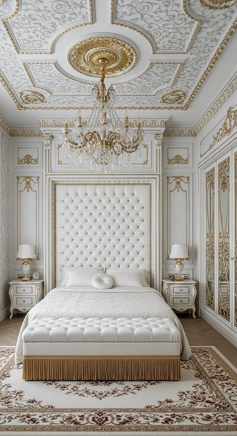 Chambre a coucher luxe blanche et or avec moulures et tete de lit capitonnee