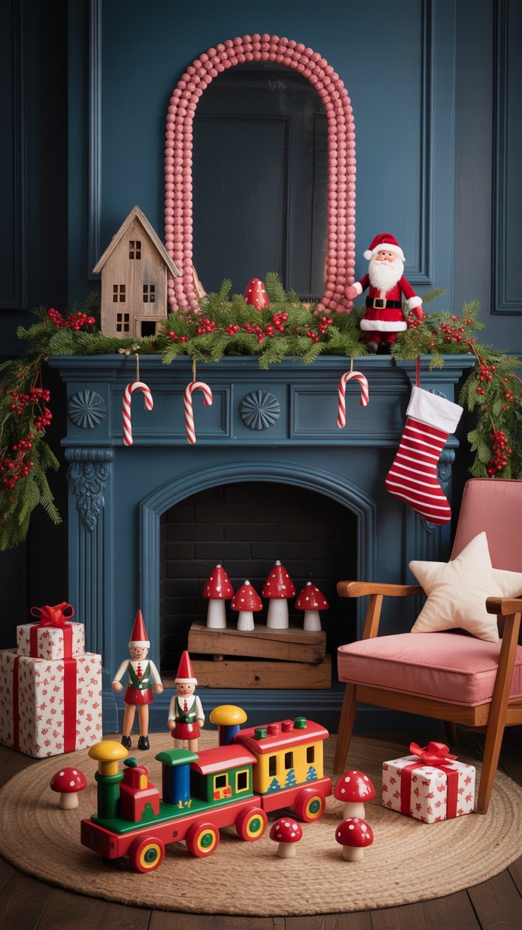 Cheminee bleue avec jouets de Noel traditionnels et cannes de bonbon