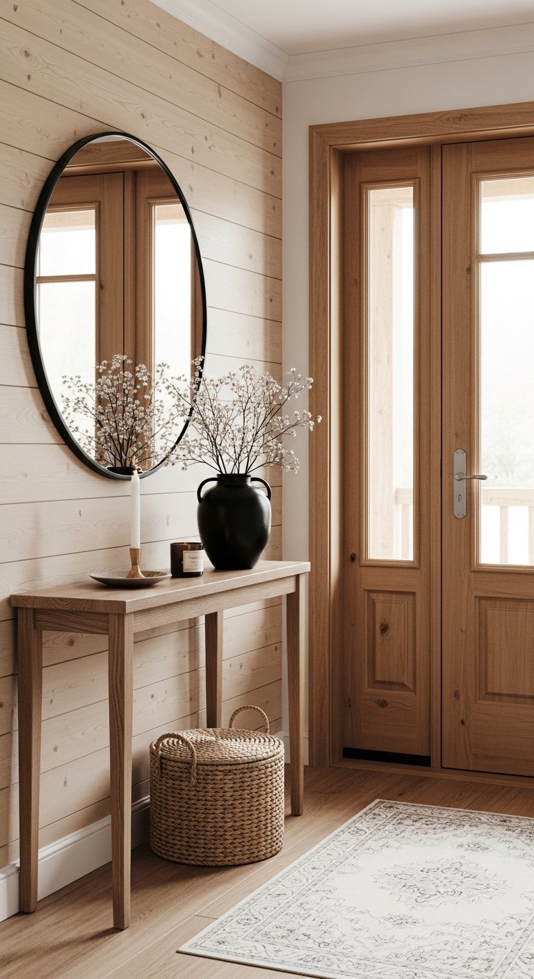 Console en bois clair avec miroir rond noir dans une entree rustique