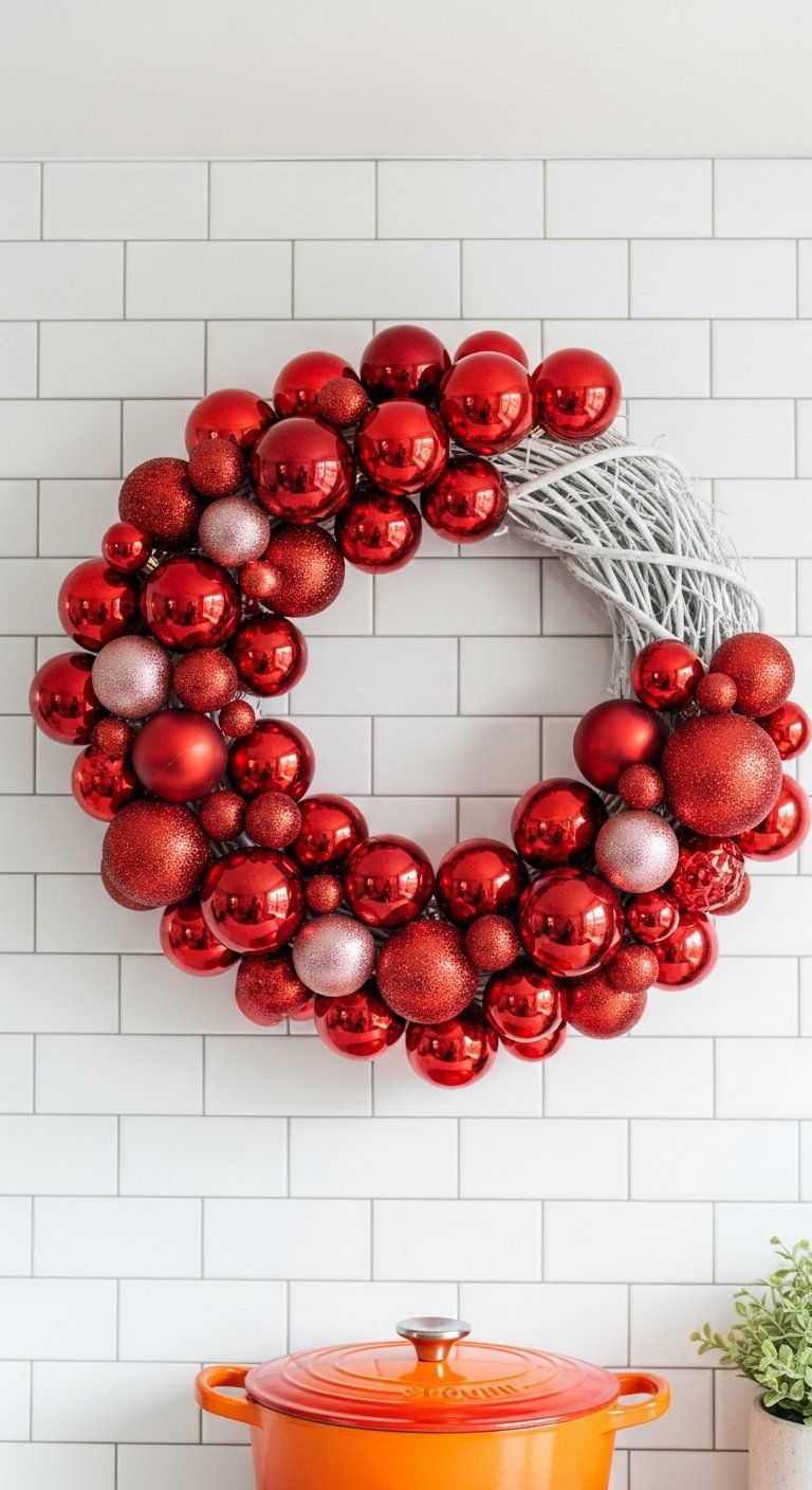 Couronne de Noel moderne composee de boules rouges et roses brillantes sur un mur de carrelage blanc