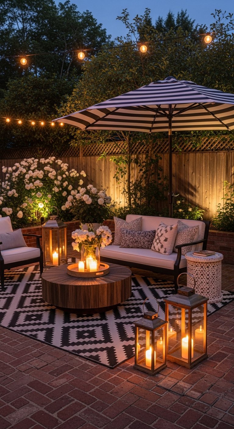 Décor de terrasse de nuit avec guirlandes lumineuses et lanternes sur tapis graphique