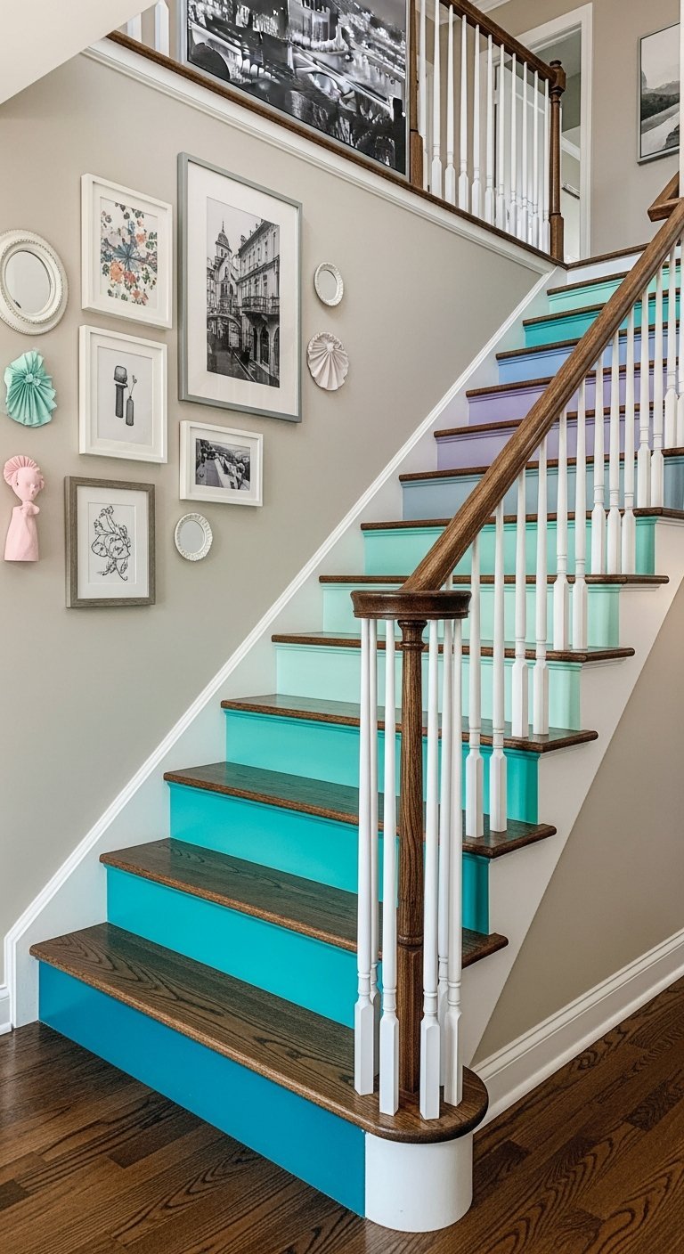 Escalier avec un dégradé de peinture turquoise et bleu canard sur les contremarches