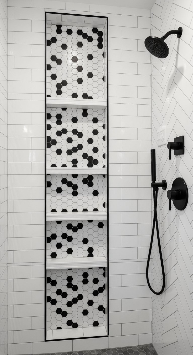 Grande niche de douche verticale avec etageres blanches et mosaique noir et blanc