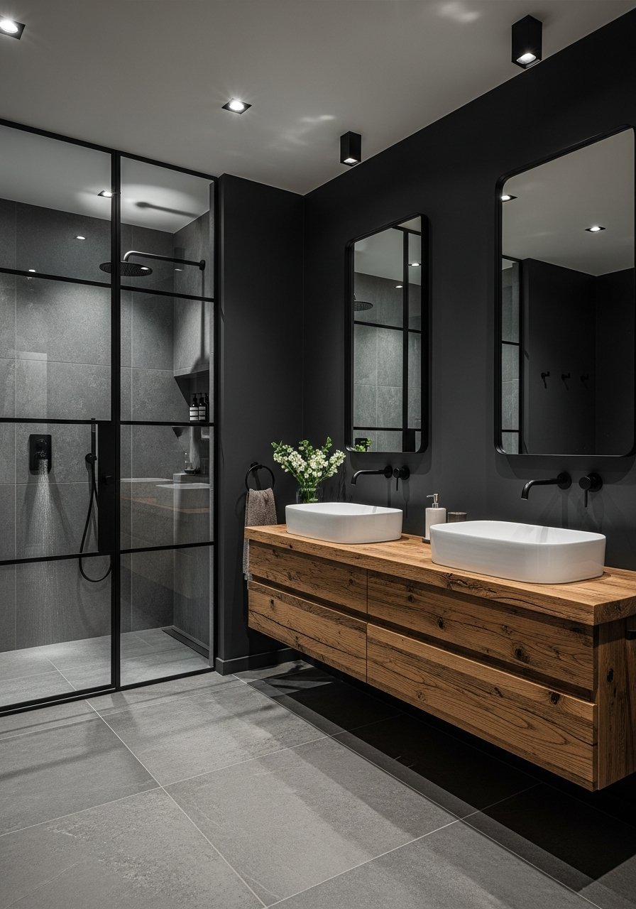 Grande verriere douche meuble bois massif