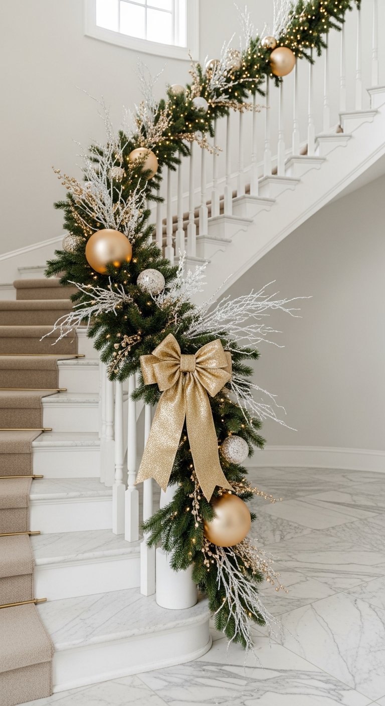 Guirlande escalier noël épaisse avec boules dorées et nœud scintillant