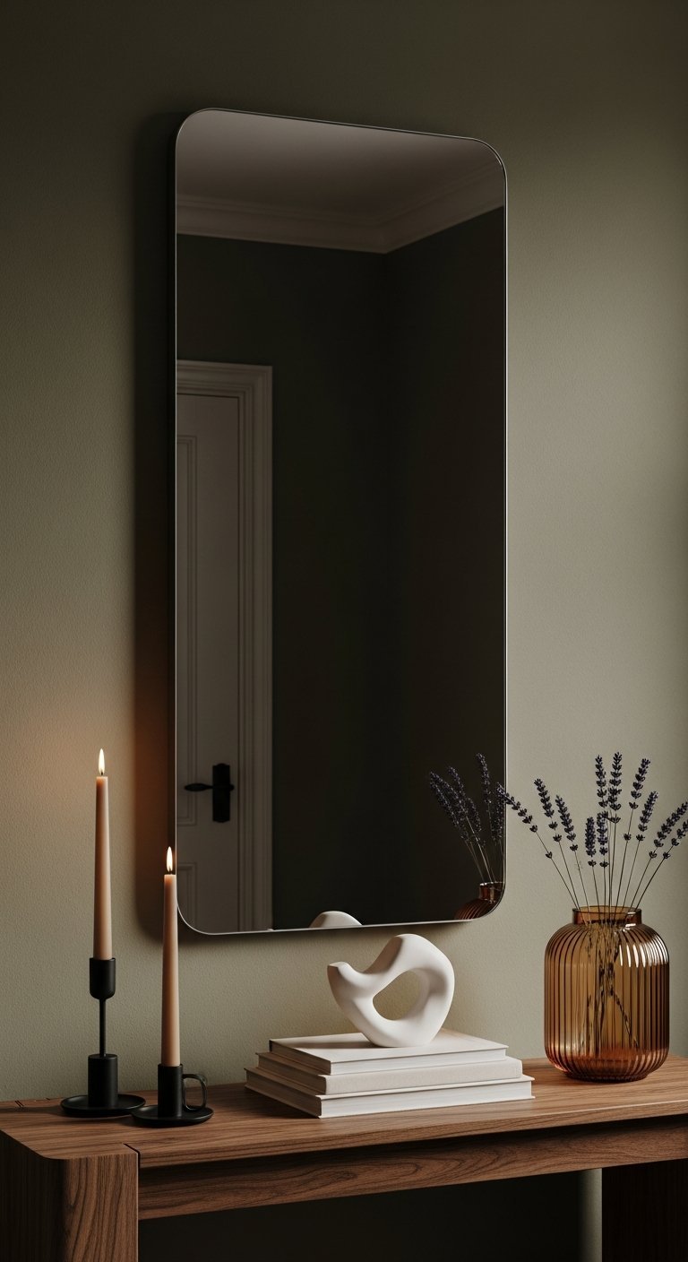 Miroir rectangulaire aux coins arrondis sur un mur vert sauge avec console