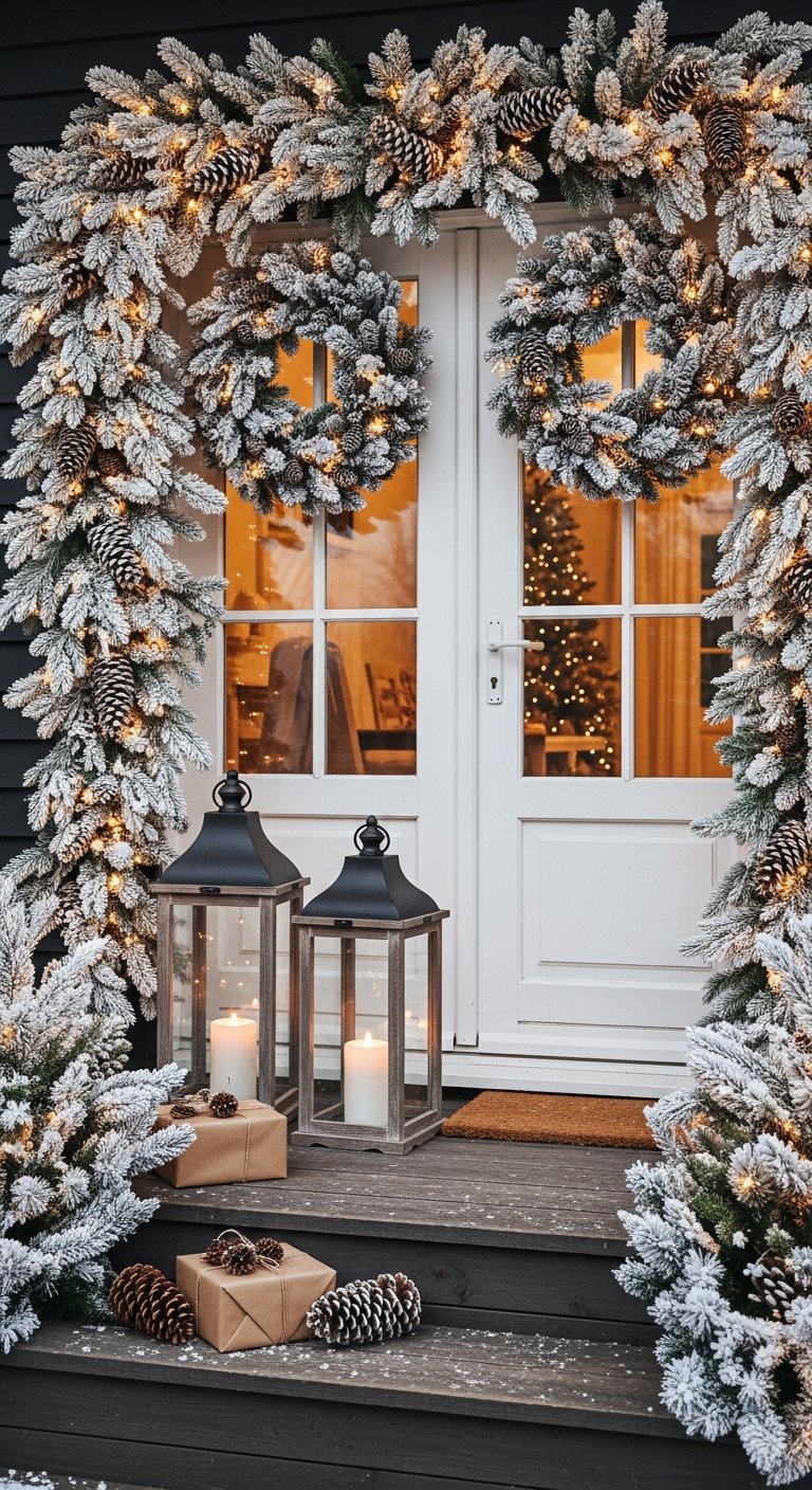 Porche enneigé avec guirlandes floquées et lanternes