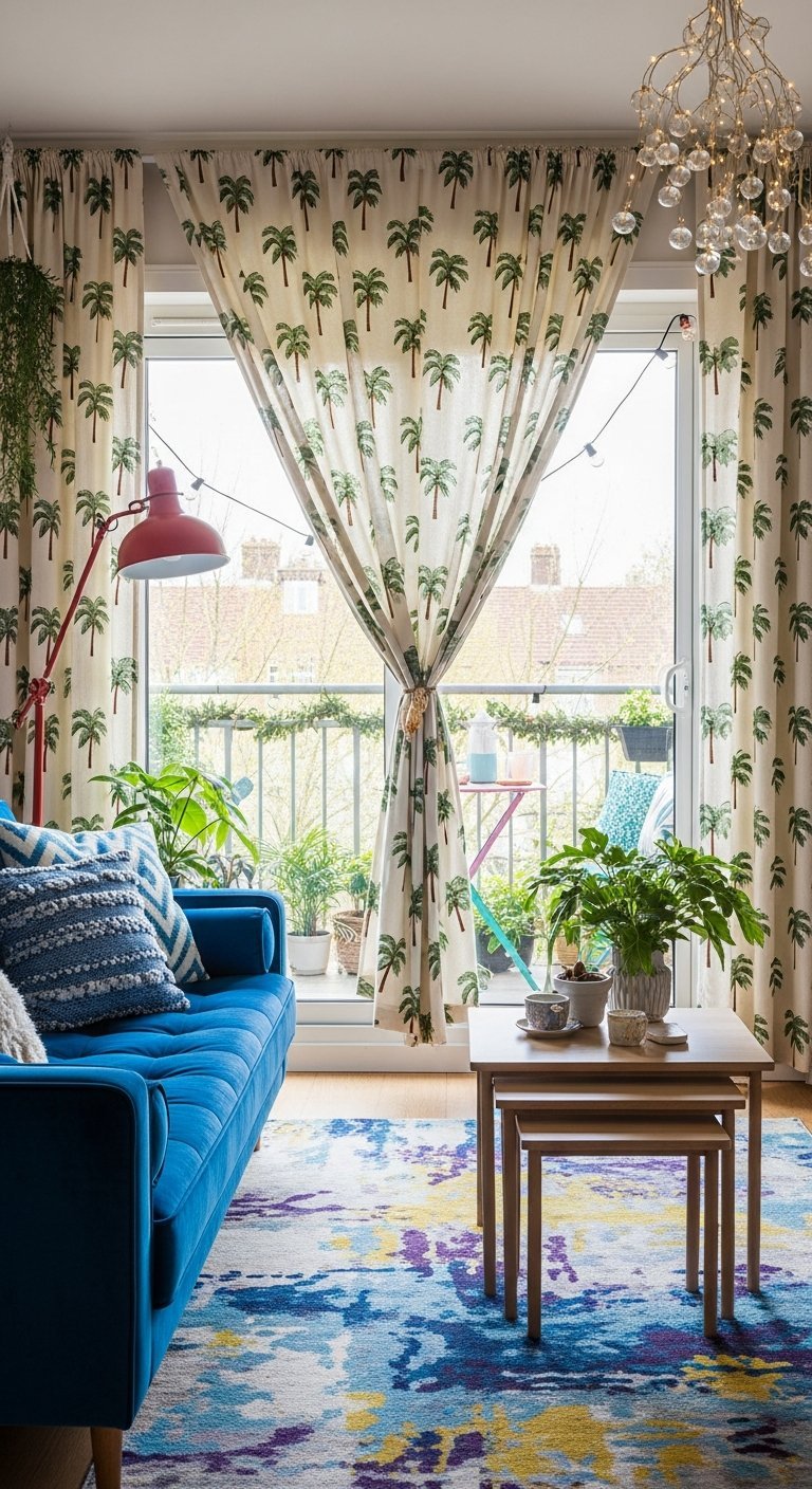 Rideaux de salon blancs a motifs palmiers verts devant un canape bleu