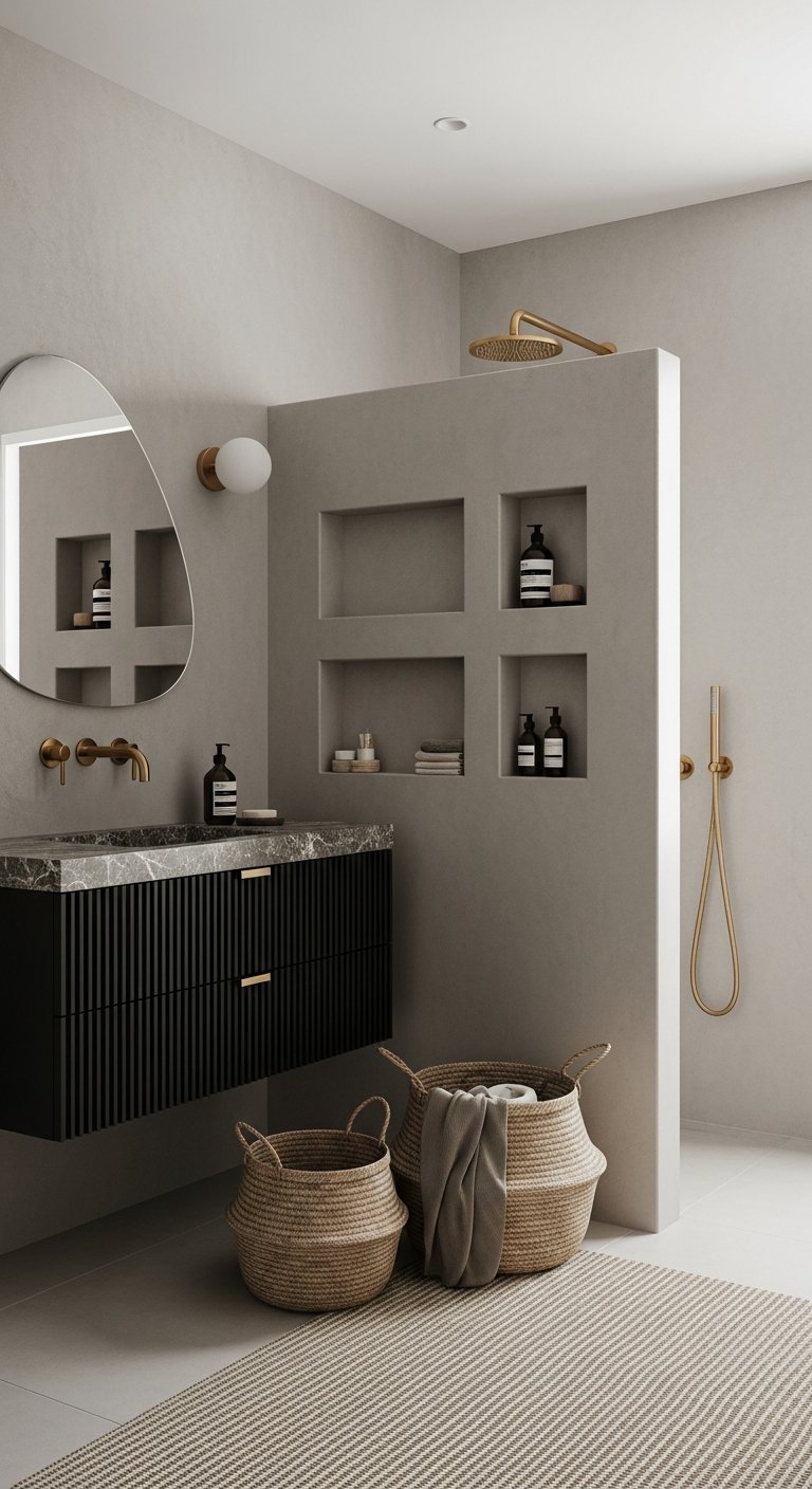 Salle de bain beton cire beige avec meuble vasque noir et niches murales