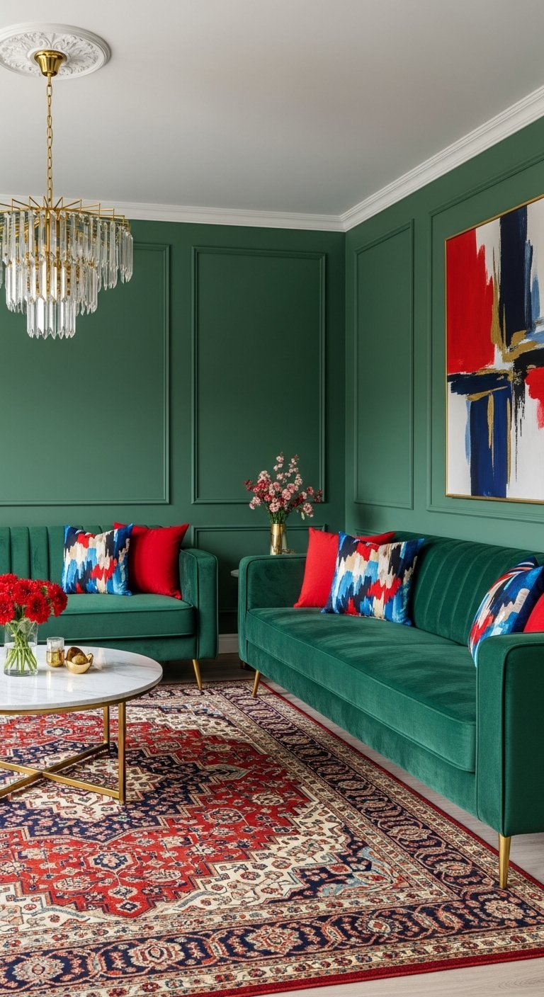 Salon moderne avec canapes en velours vert emeraude tapis persan et art abstrait