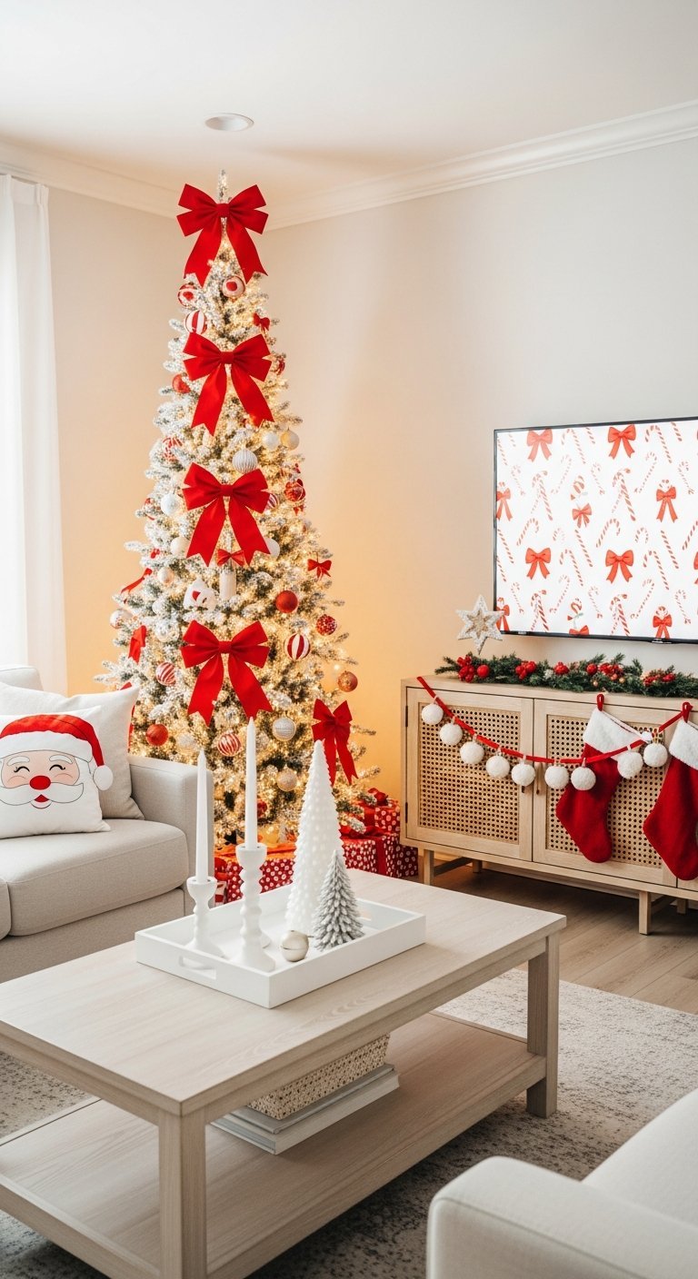 Sapin de Noel blanc avec grands nœuds rouges dans un salon moderne