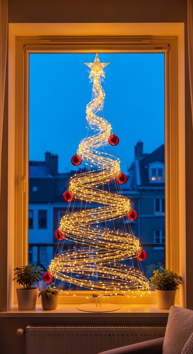 Sapin lumineux en spirale sur rebord de fenêtre avec boules rouges