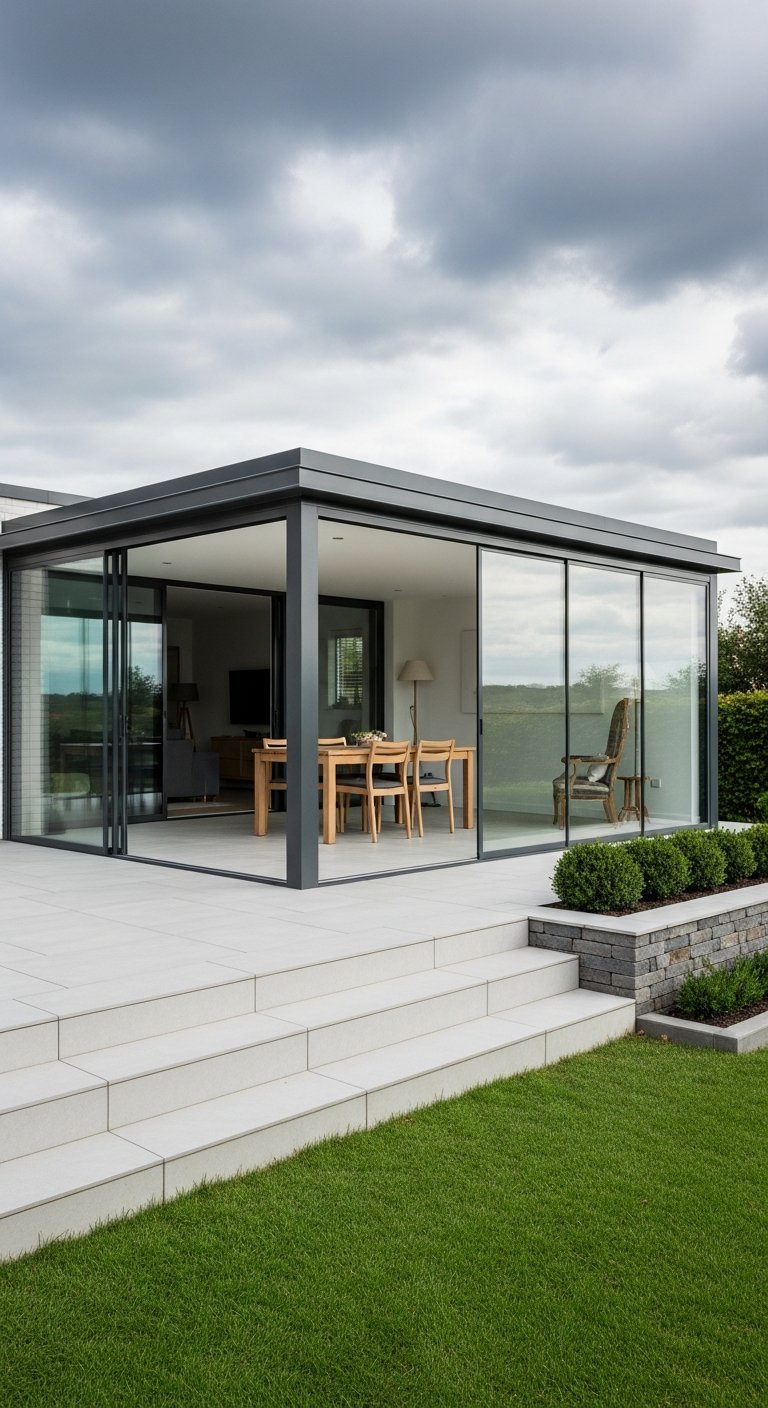 Véranda terrasse design cube de verre avec portes coulissantes