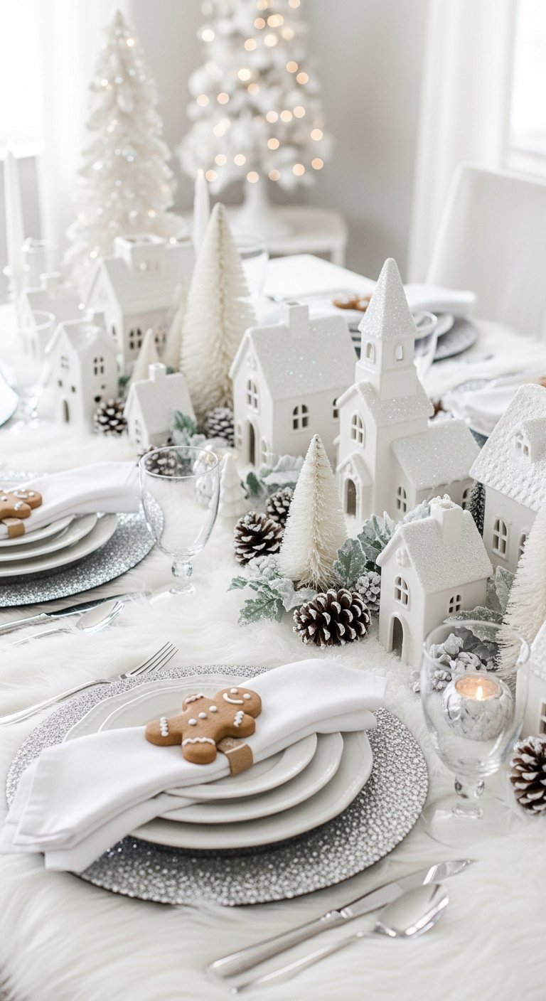 Village de Noel blanc sur une table festive avec fourrure et pain d epice