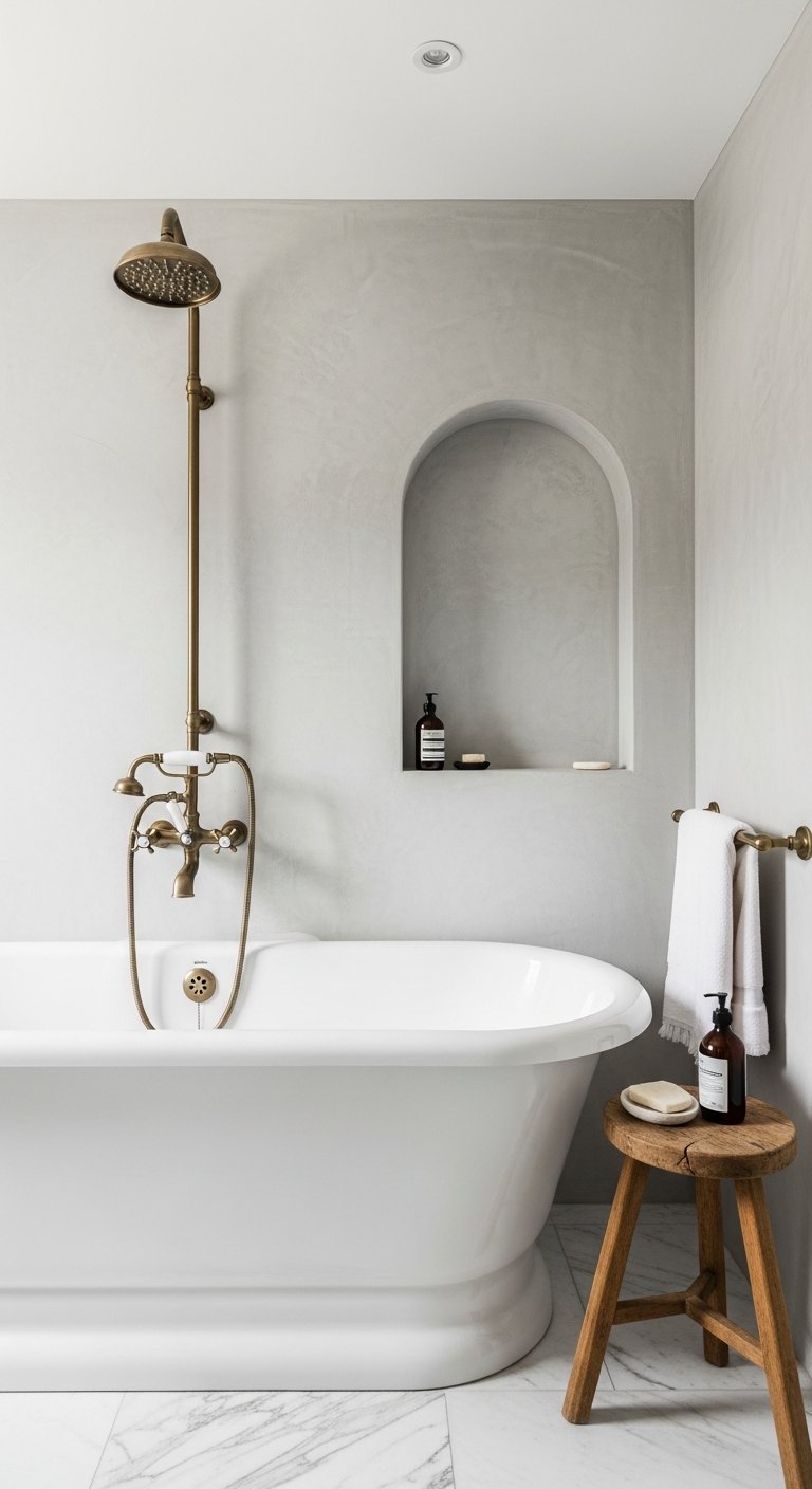 Baignoire retro sur pieds avec murs en beton cire gris et niche voutee