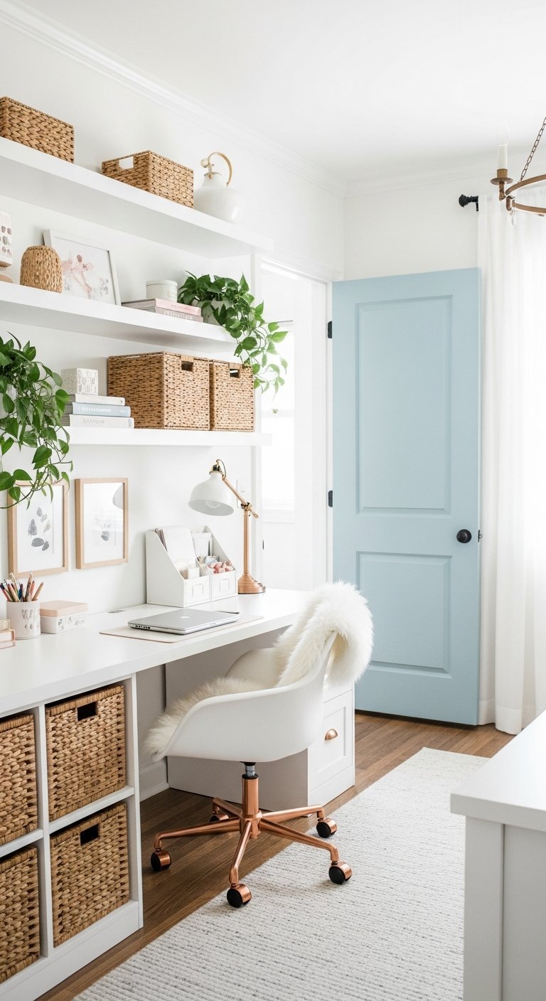Bureau de travail à la maison porte bleue et paniers osier