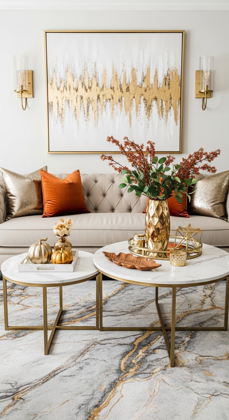 Canapé beige capitonné avec coussins orange et or