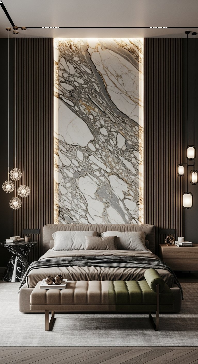 Chambre luxe avec panneau de marbre et mur en tasseaux de bois sombre