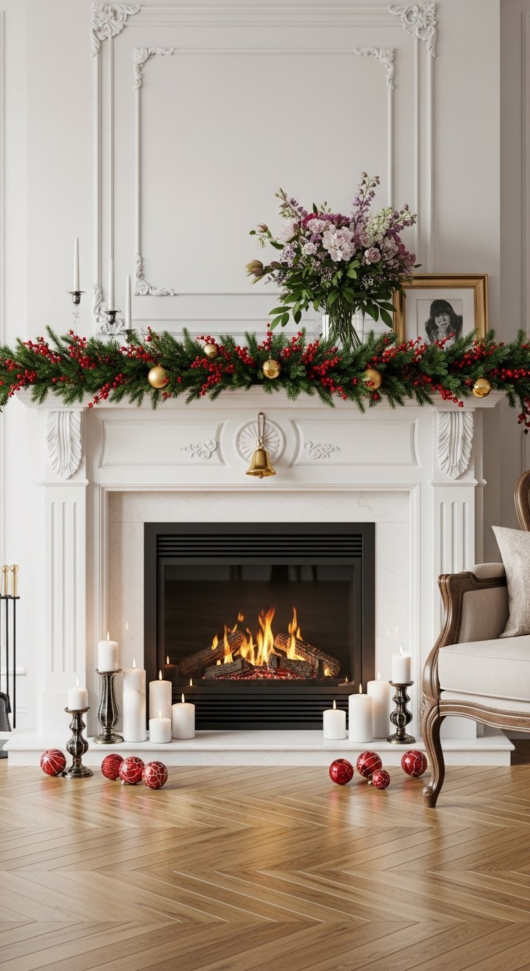 Cheminee blanche classique avec guirlande de baies rouges et bougies au sol