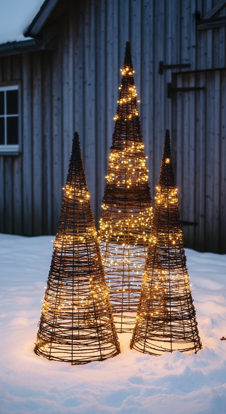 Cônes lumineux en rotin ou fil de fer dans la neige
