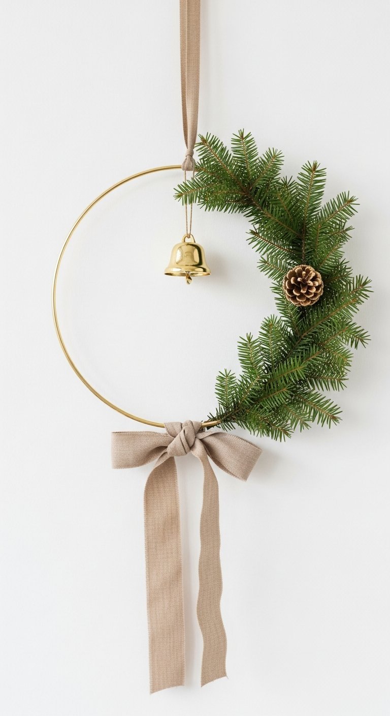 Couronne de Noel moderne sur cerceau dore avec clochette et noeud en lin