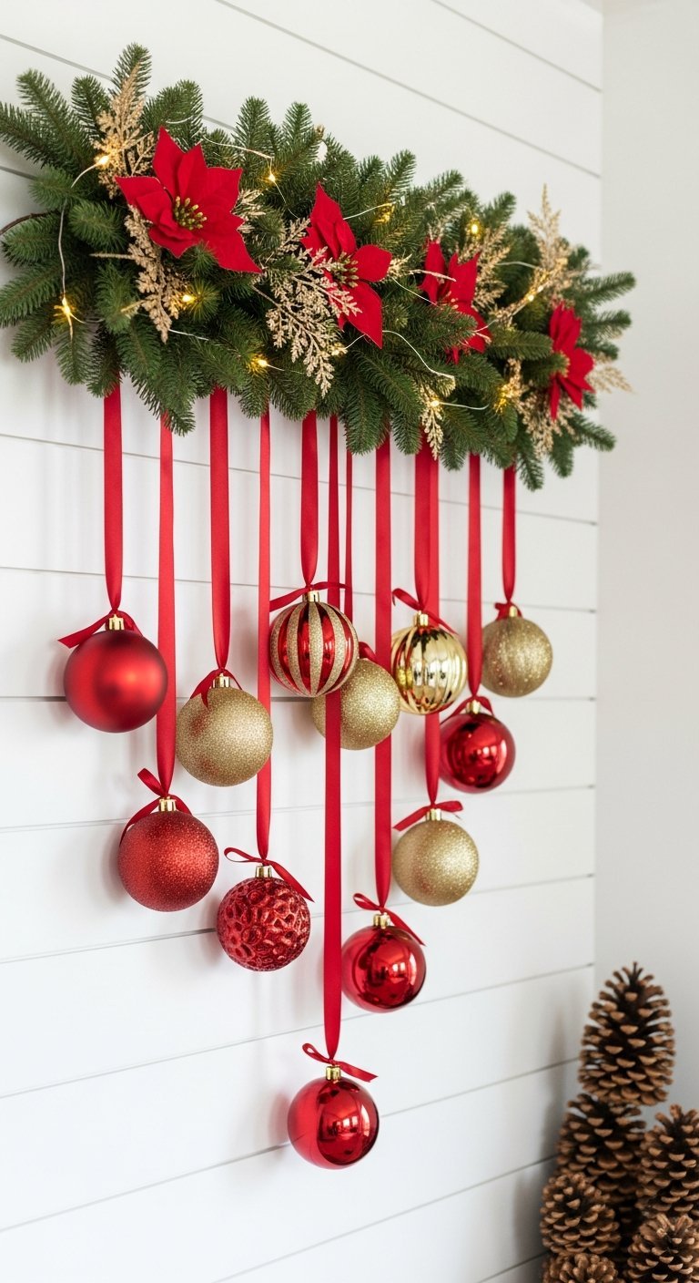 Décoration murale de Noel avec boules rouges et dorées suspendues