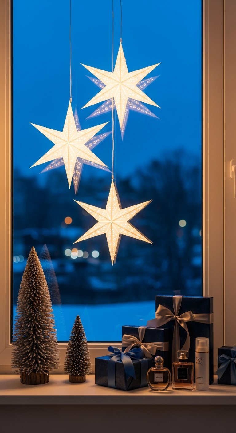 Étoiles en papier lumineuses suspendues au dessus de cadeaux bleus