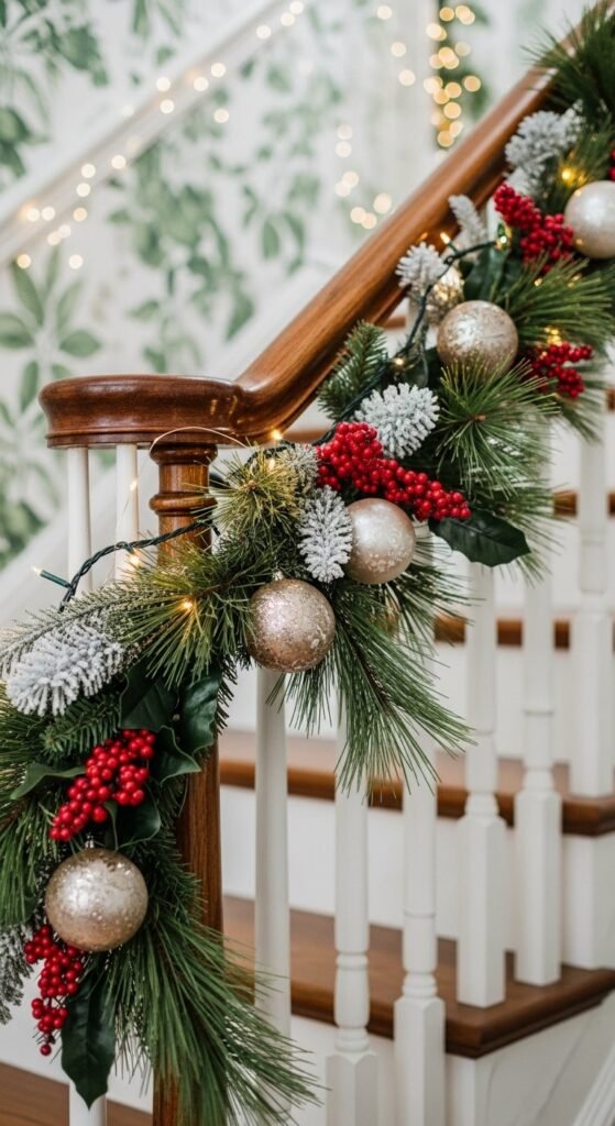Couronne De Noël LED Pour Escalier - 45x20 Cm - Dorée Avec Baies Et Cônes - Guirlande Incluse (piles Non Fournies)