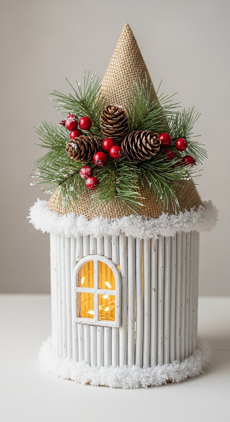Maison lumineuse bricolage de noel faite de batonnets blancs et toit en toile de jute