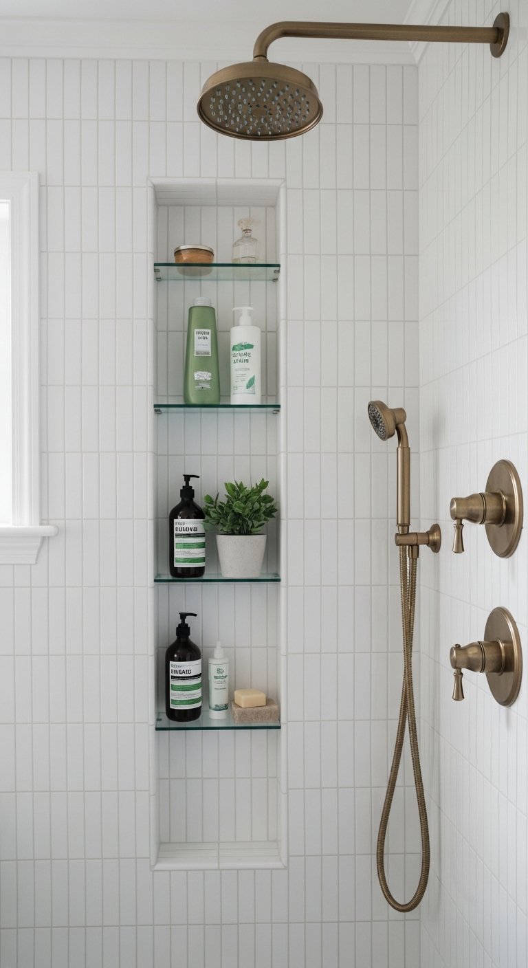 Niche de douche verticale blanche avec etageres en verre et robinetterie laiton