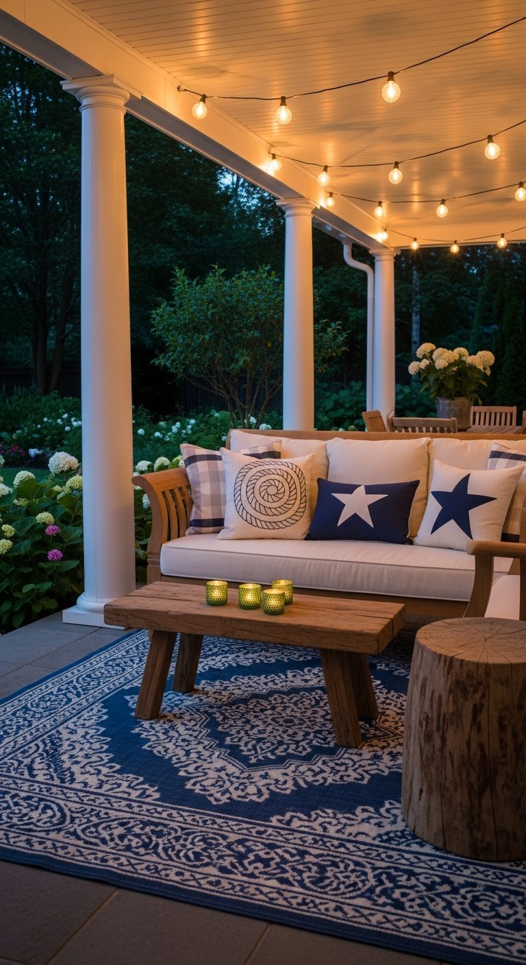 Porche couvert style marin avec canapé en bois coussins à étoiles et tapis bleu