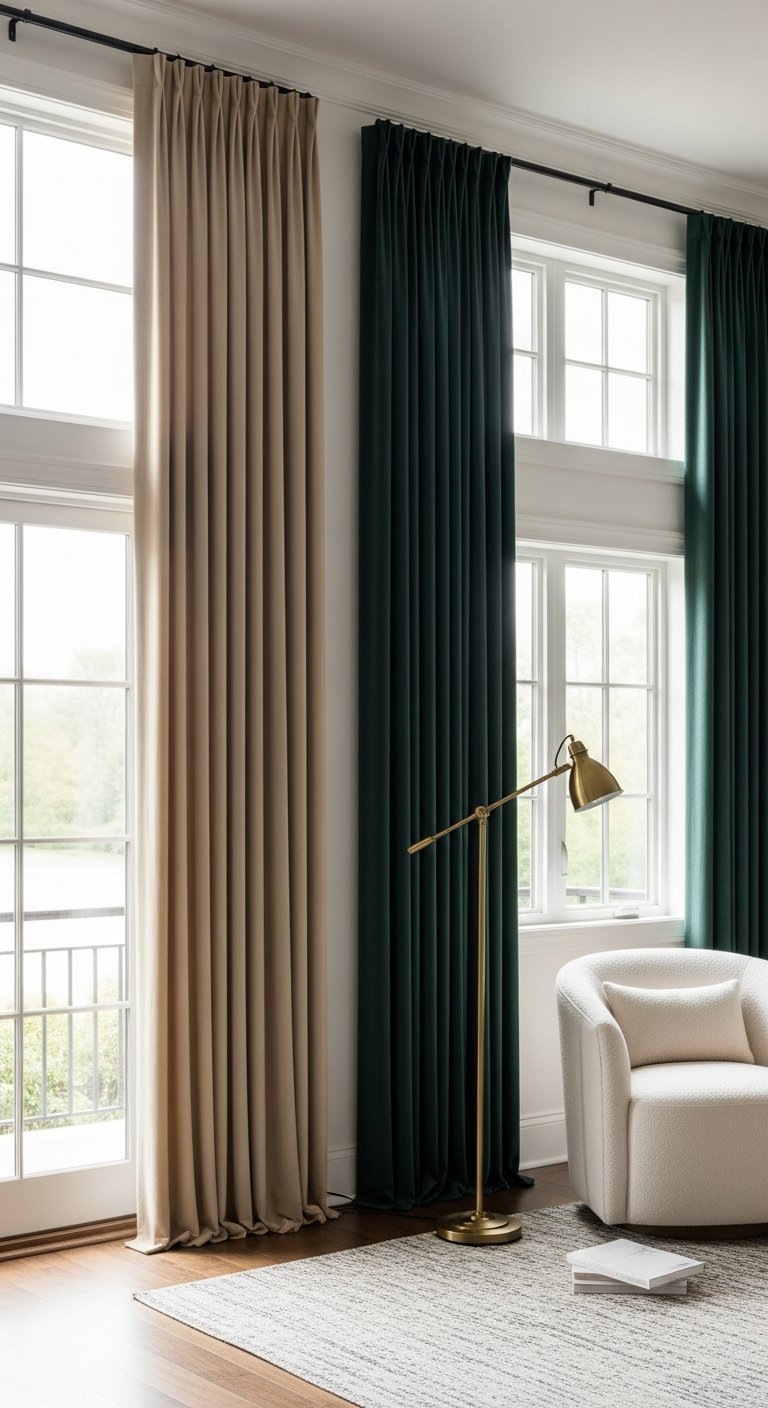 Rideaux de salon beige et vert fonce allant du sol au plafond