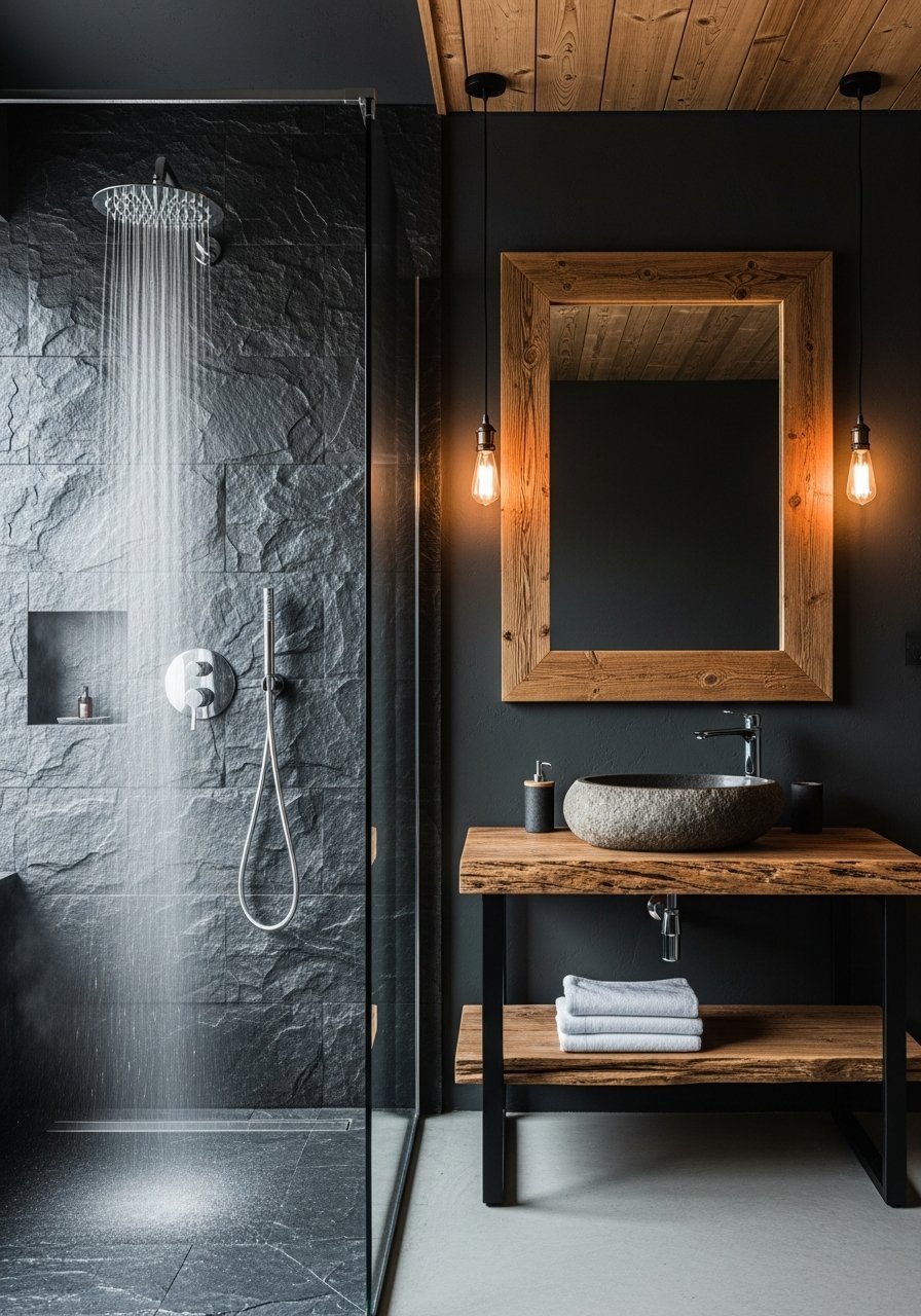 Salle bain minimaliste noire sol bois