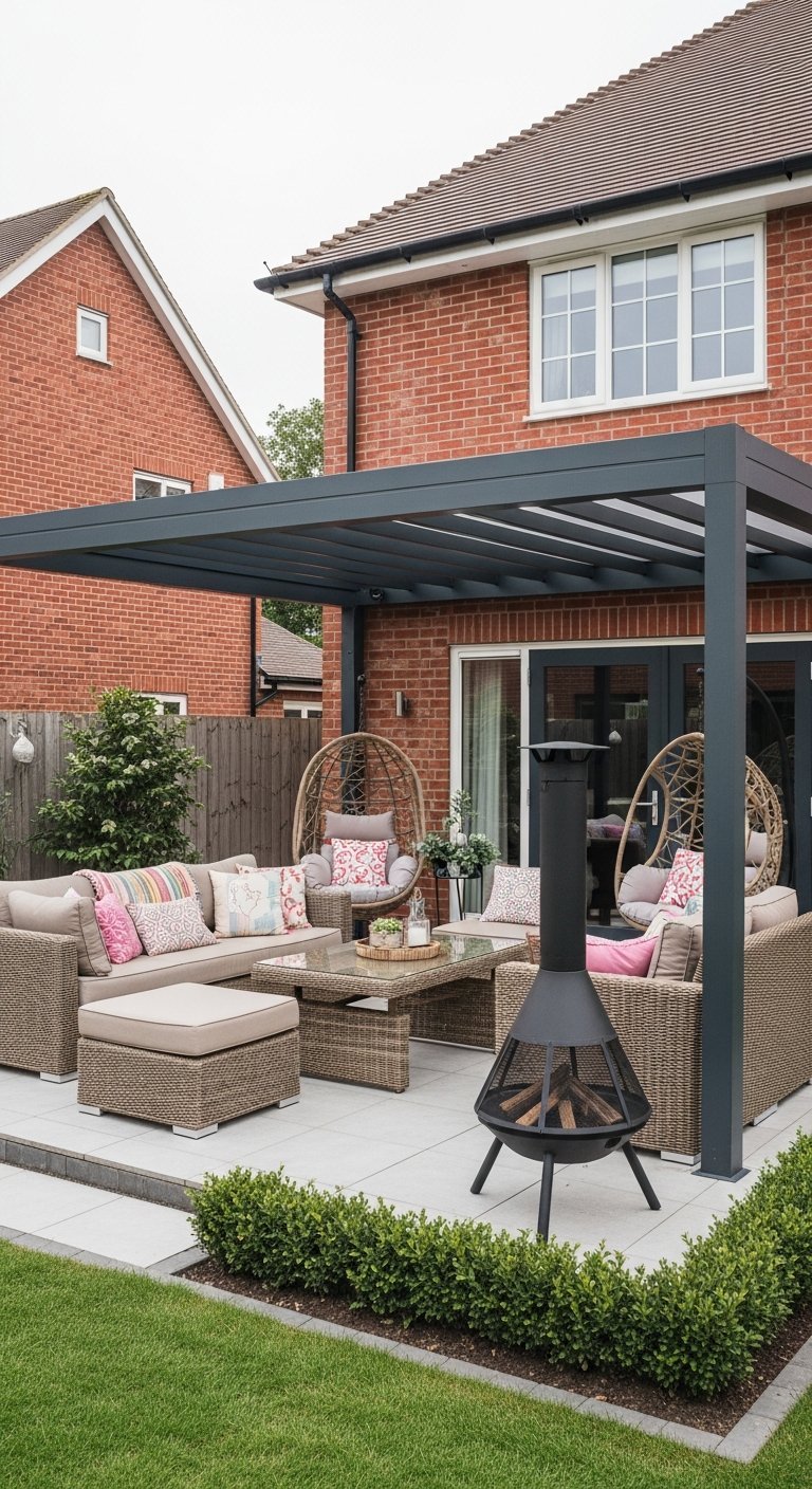 Structure de véranda grise avec salon en résine tressée et cheminée d extérieur