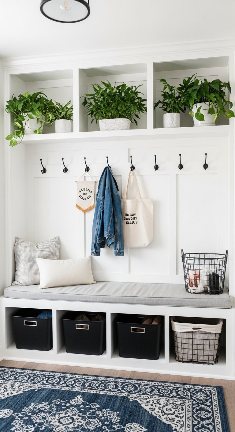 Vestiaire dentree blanc avec banc et bacs de rangement noirs