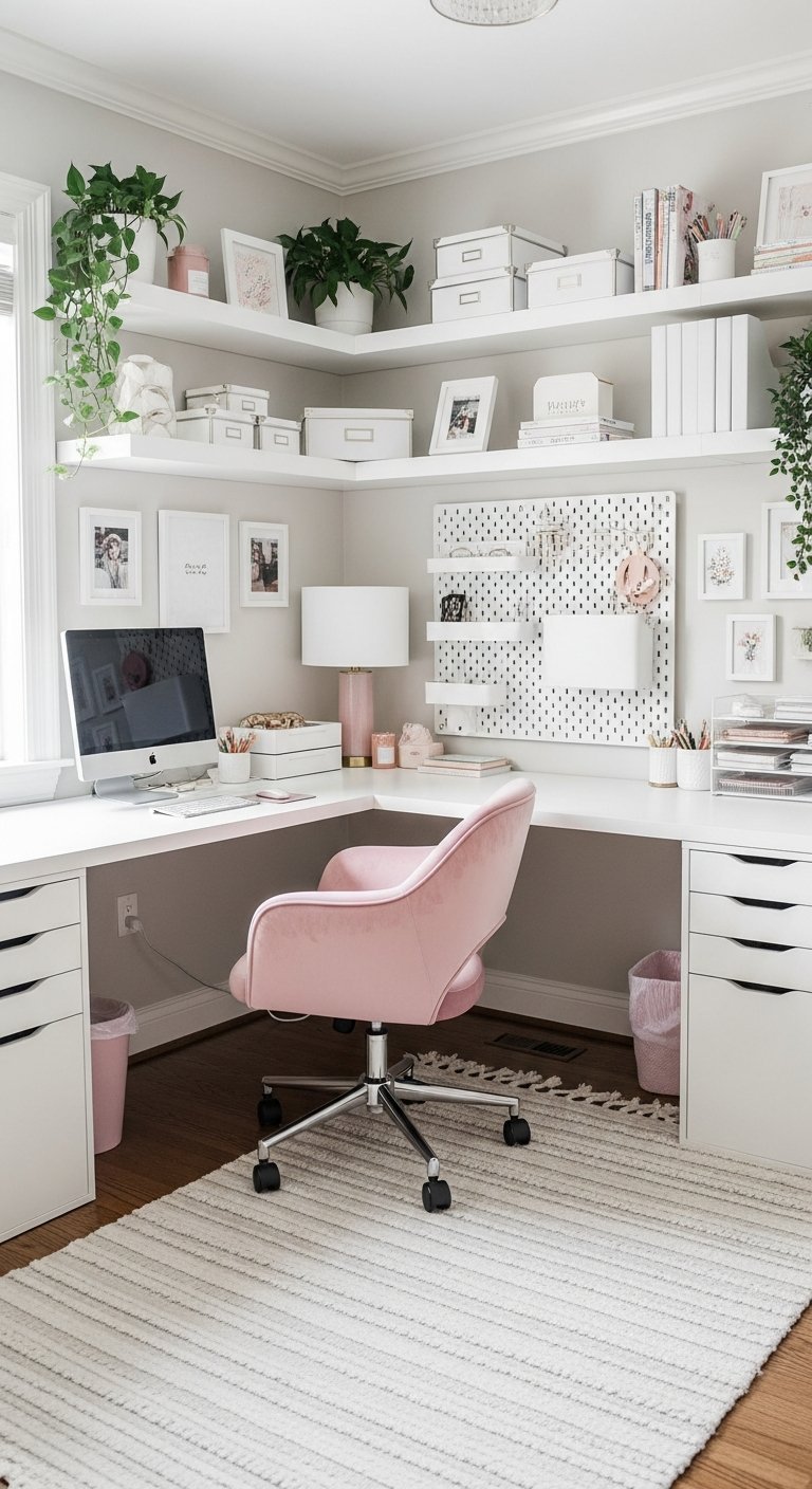 Bureau de travail à la maison angle avec pegboard et chaise rose