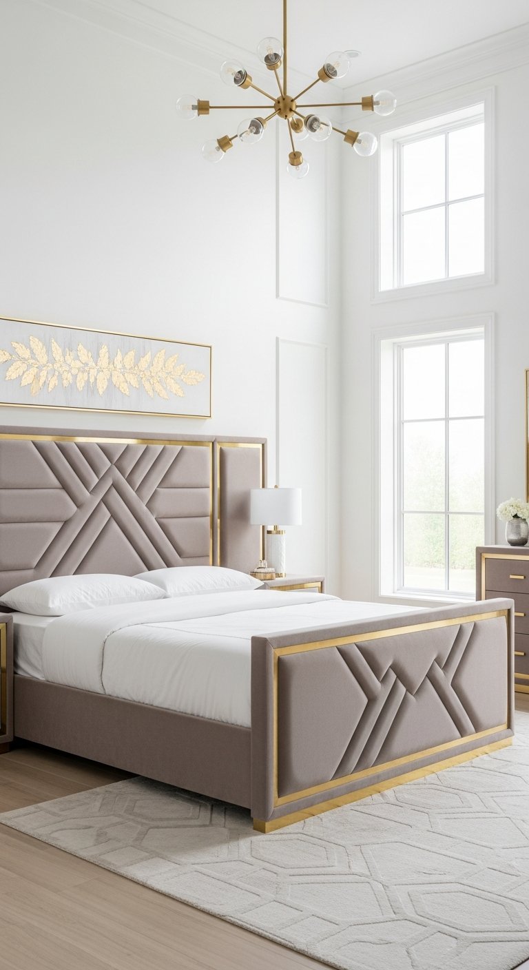 Chambre luxe avec lit geometrique taupe et or et haut plafond