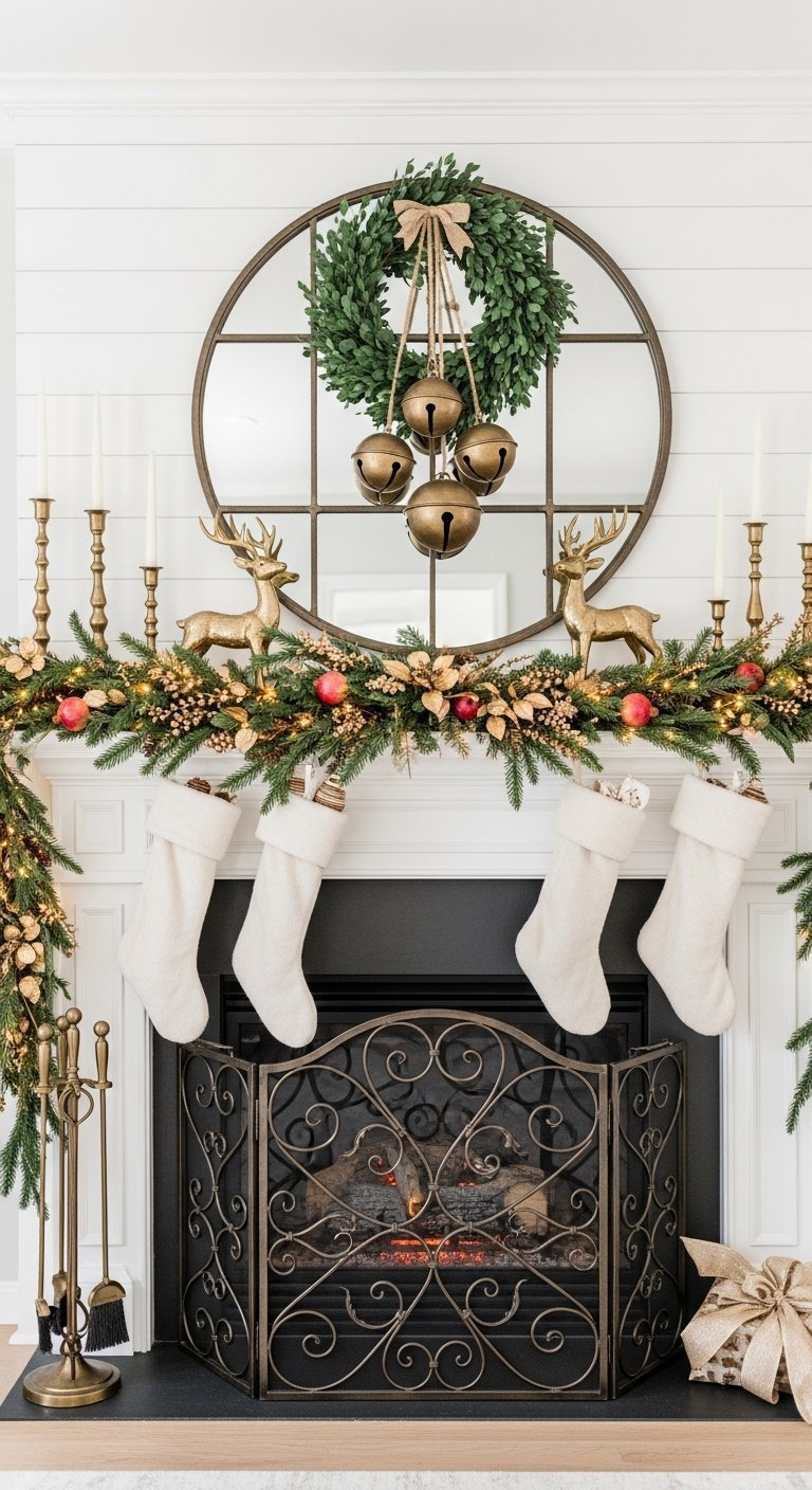 Cheminee blanche avec miroir rond et grelots dores suspendus