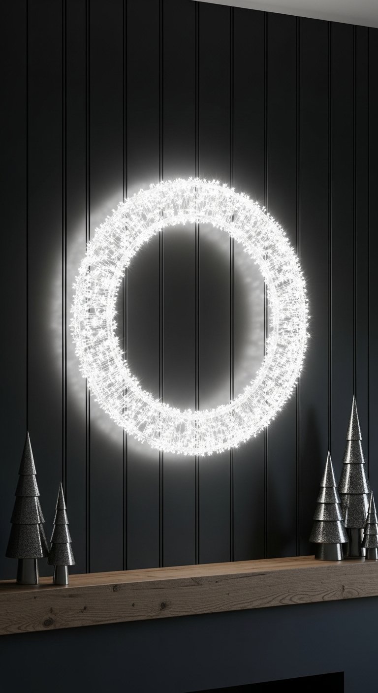 Couronne de Noel moderne entierement lumineuse avec des micro LED blanches sur un mur noir